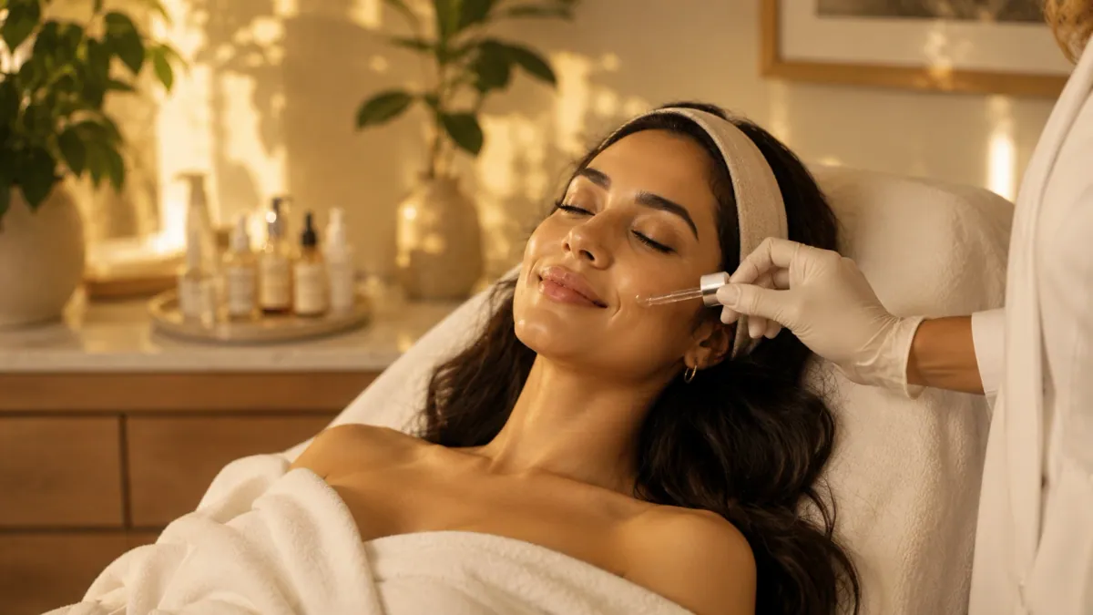 Persona recibiendo un tratamiento facial profesional en un ambiente cálido y relajante