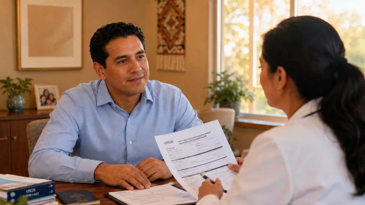 Persona en consulta revisando el proceso del formulario USCIS I-693 con atención bilingüe